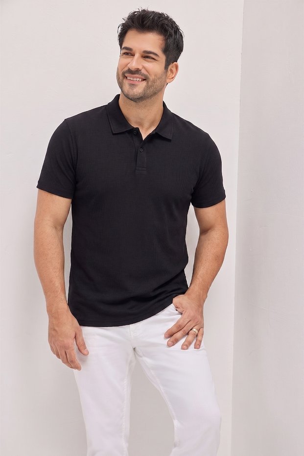 Men's Black 100% Cotton Trendy Seasonal Ribbed T-Shirt Slim Fit Polo Collar