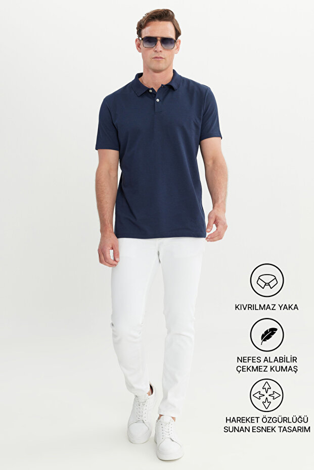 Erkek Lacivert Pamuklu Slim Fit Dar Kesim Polo Yaka Tişört - 2