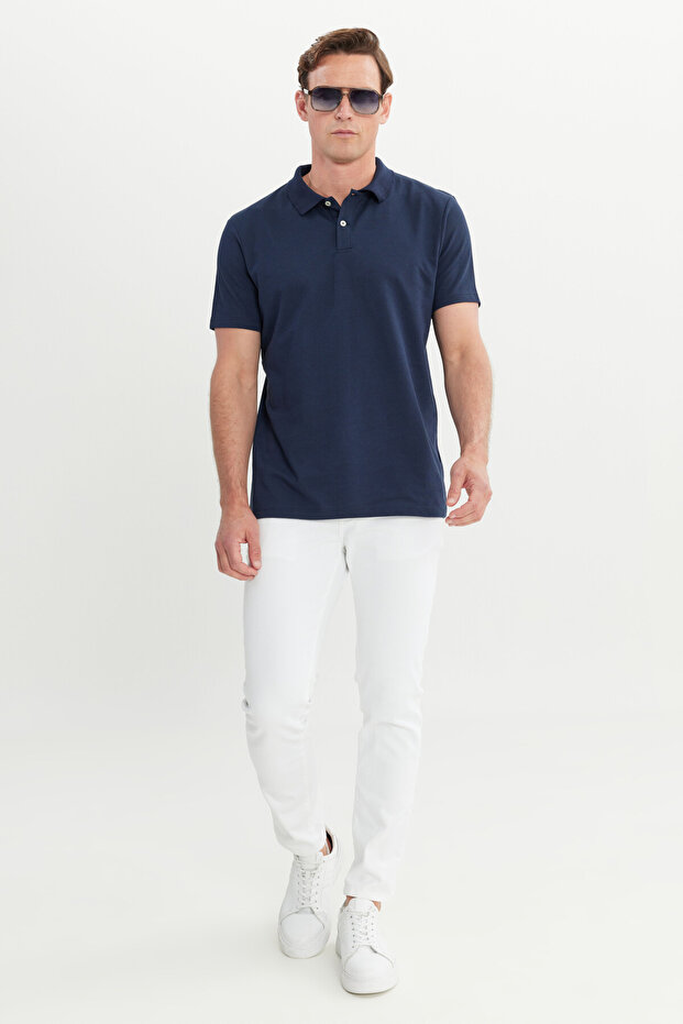 Erkek Lacivert Pamuklu Slim Fit Dar Kesim Polo Yaka Tişört - 6
