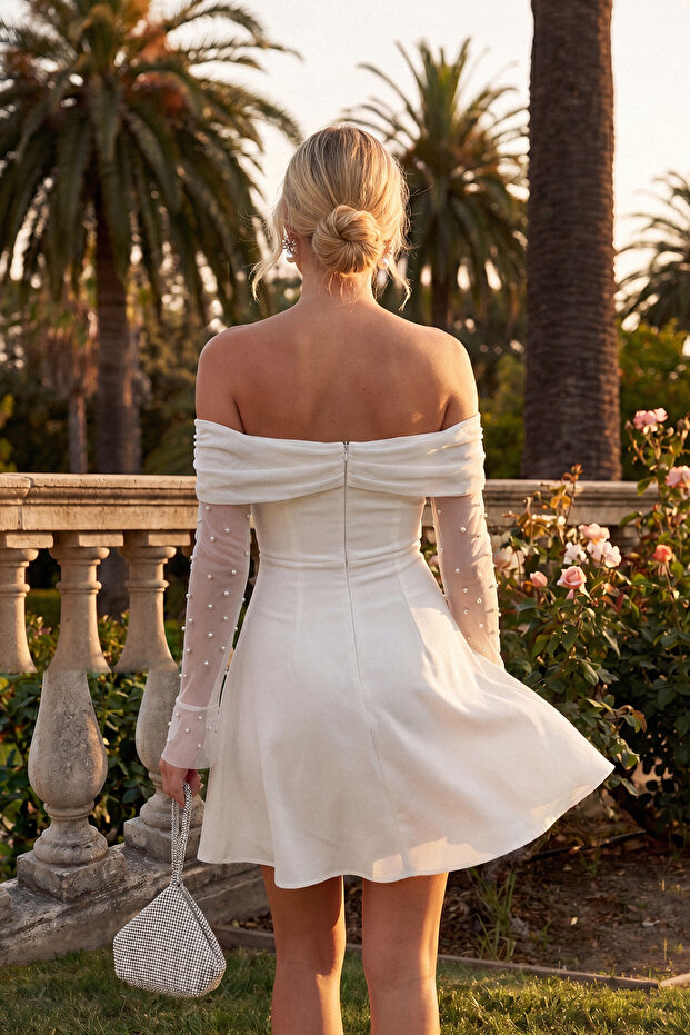 Bridal Beyaz A-Kesim Astarlı Dokuma Kısa Düğün/Nikah Abiye Gece Mezuniyet Elbisesi TPRSS24EL00117 - 5