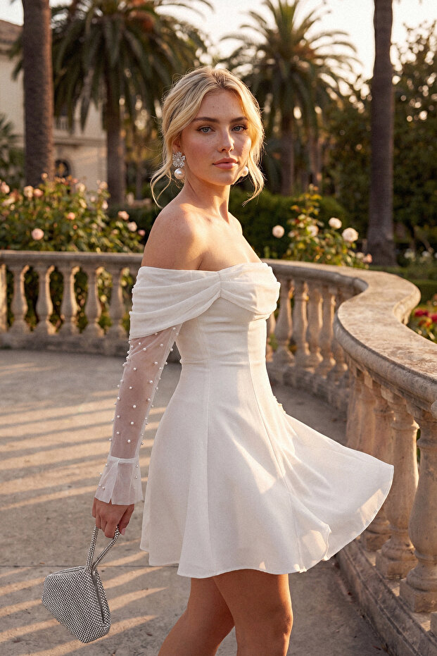 Bridal Beyaz A-Kesim Astarlı Dokuma Kısa Düğün/Nikah Abiye Gece Mezuniyet Elbisesi TPRSS24EL00117 - 4