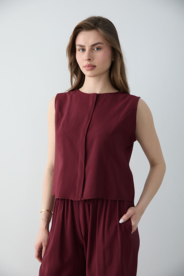 Bordo Modal Görünümlü Bluz Pantolon Dokuma Alt - Üst Takım TWOSS26AU00086 - 2
