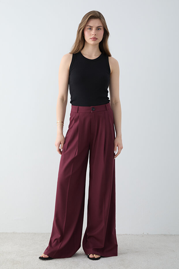 Bordo Geniş Paça Pileli Pantolon TWOSS26PL00228 - 2