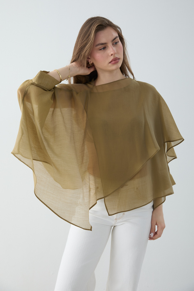Yeşil Oversize İnce Dökümlü Dokuma Bluz TWOSS26BZ00653 - 1