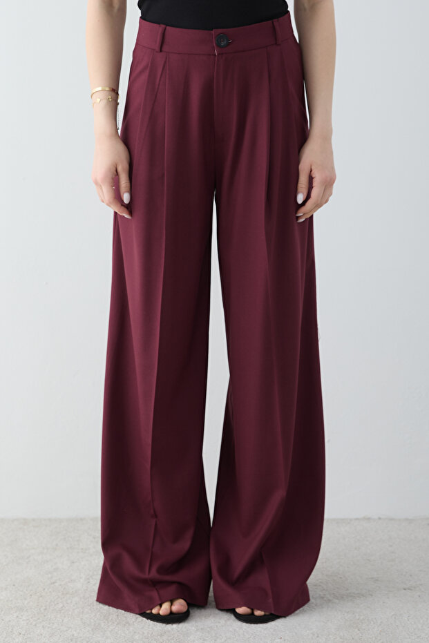Bordo Geniş Paça Pileli Pantolon TWOSS26PL00228 - 3