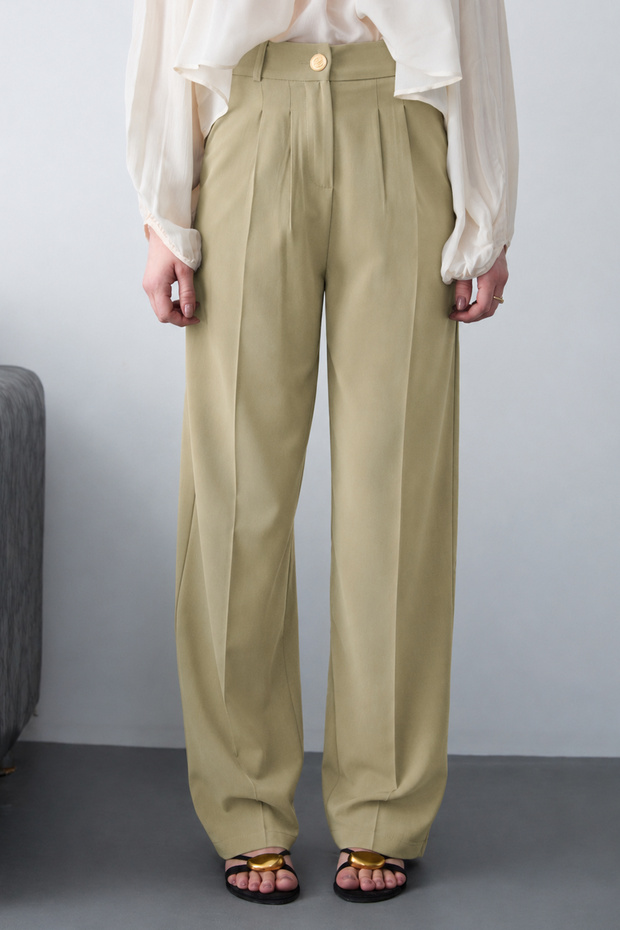 Açık Haki Yüksel Bel Geniş Paça Dokuma Pantolon TWOAW26PL00161 - 4
