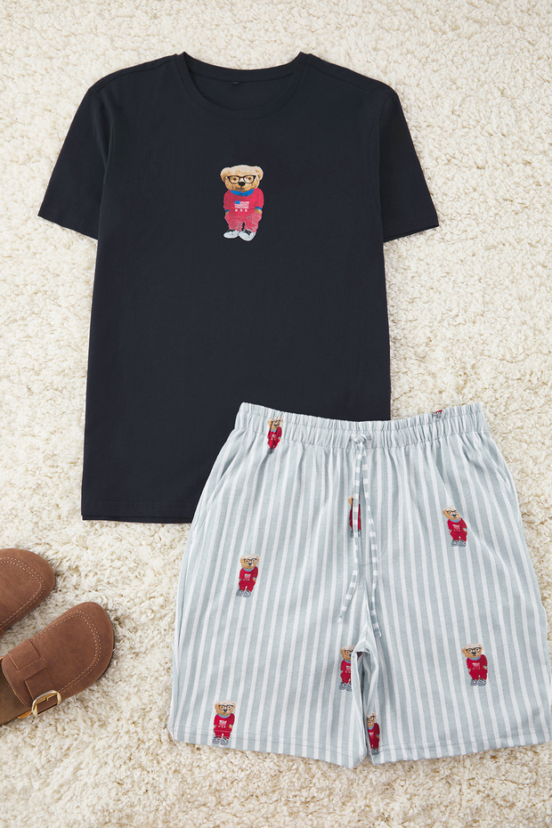 Unisex Mavi Regular Fit Ayıcık Baskılı Örme Şortlu Pijama Takımı TMNSS24PT00034 - 4
