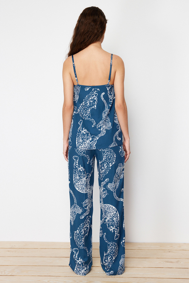 Lacivert Kaplan Desenli İp Askılı Viskon Dokuma Pijama Takımı THMSS24PT00127 - 6
