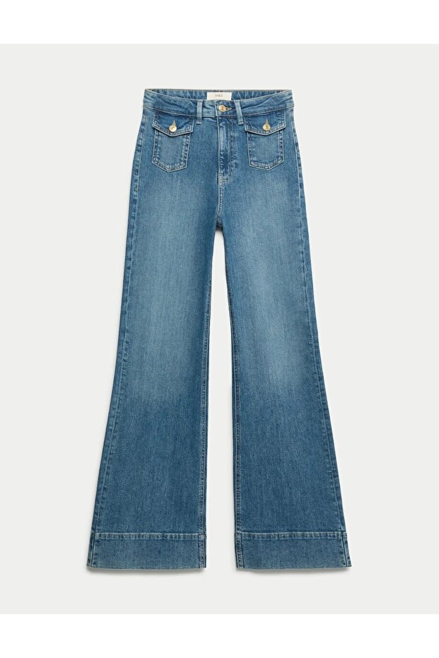 High Waisted Patch Pocket Flared Jeans - 5