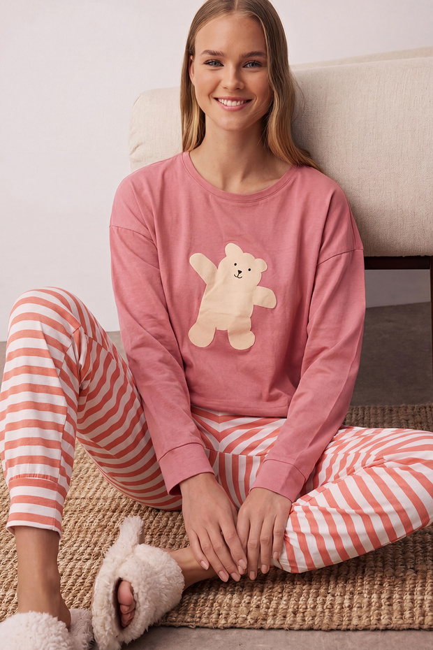Pembe %100 Pamuklu Ayıcıklı Örme Pijama Takımı THMAW21PT0302 - 2