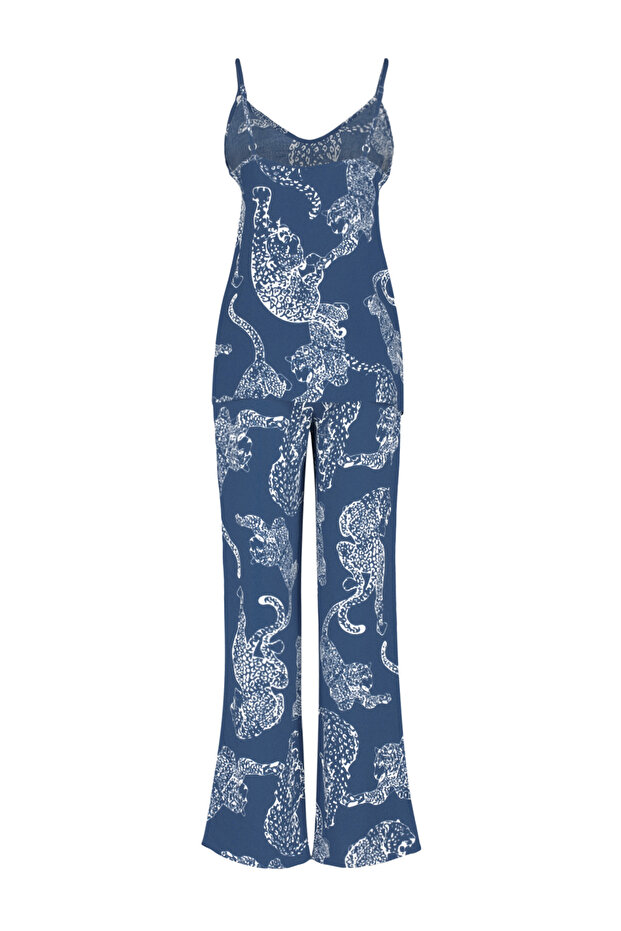 Lacivert Kaplan Desenli İp Askılı Viskon Dokuma Pijama Takımı THMSS24PT00127 - 8