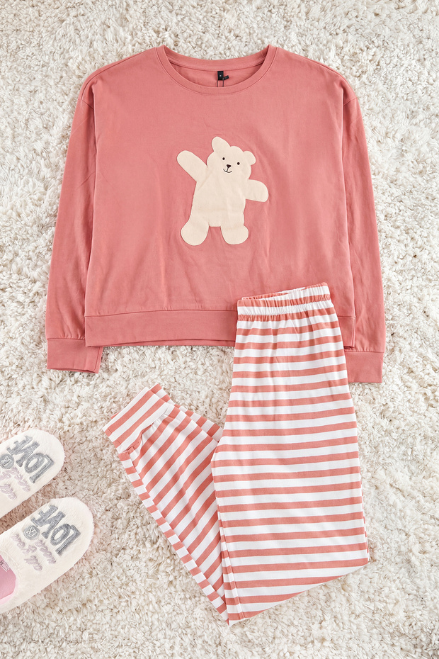 Pembe %100 Pamuklu Ayıcıklı Örme Pijama Takımı THMAW21PT0302 - 5
