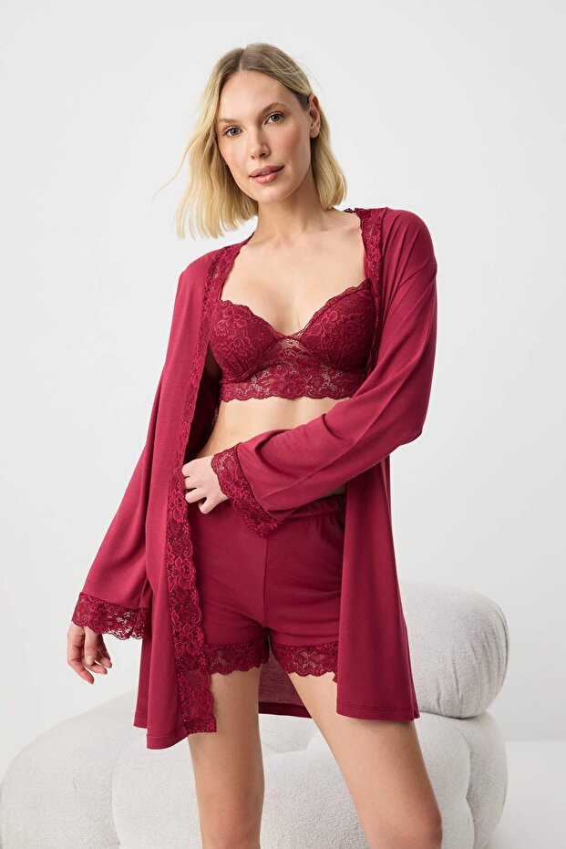 Bordo 4'lü Dantel Detaylı Sabahlık + Gecelik + Bralet + Şort Örme Pijama Takımı THMSS26PT00093 - 3