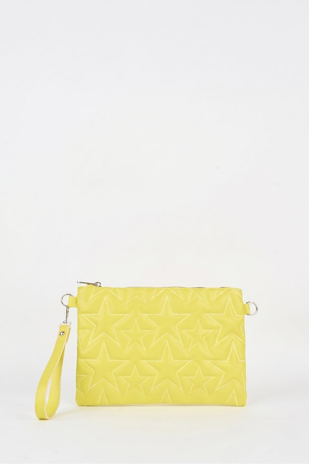 Women's Neon Yellow Star Embroidered Faux Leather Portfolio Handbag and Clutch Bag with Chain Strap