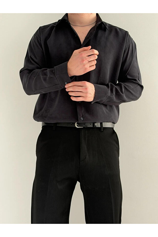 Siyah Modal Yumuşak Dokulu Normal Kalıp/Regular Fit Yazlık Dokuma Erkek Gömlek TMNSS26GO00040 - 3