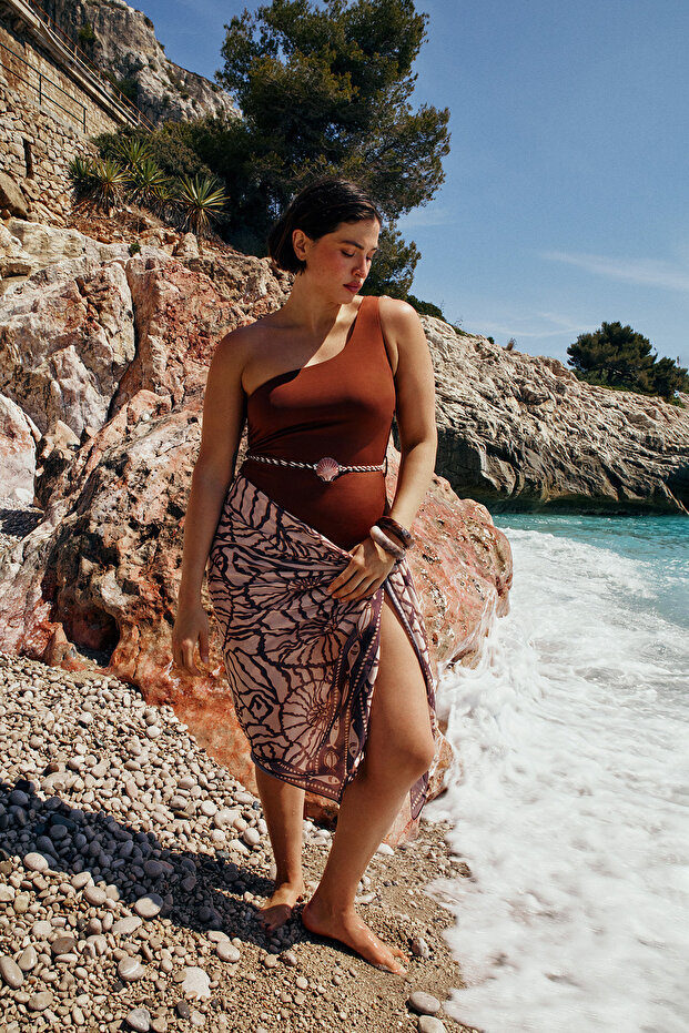 Brown One Shoulder Seashell Belted Swimsuit Tbbss26Am00017