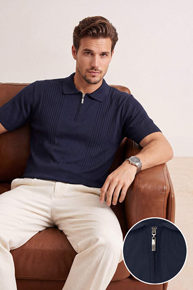 Koyu Lacivert Regular Kesim Dokulu Fermuarlı Triko Polo Yaka T-shirt TMNSS26PO00037
