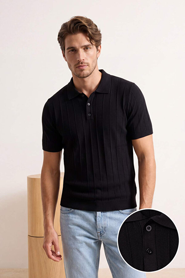 Siyah Slim/Dar Kesim Dokulu Polo Yaka T-shirt TMNSS26PO00039 - 1