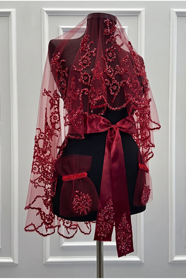 Burgundy Wedding Veil Set, Glass Beads and Sequins Printed Henna Veil Set 6 Pieces
