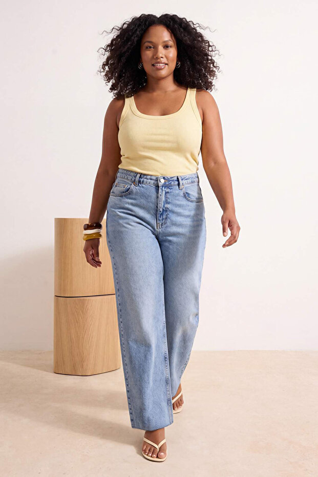 Mavi Yüksek Bel Geniş Paça/ Wide Leg Comfort/Orta Esnek Büyük Beden Jeans TBBAW26CJ00059 - 2