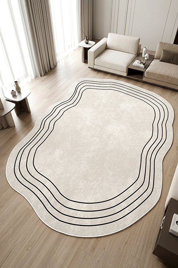 Digital Printed Non-Slip, Washable Asymmetrical Cut Black Striped White Rug-runner-d4055
