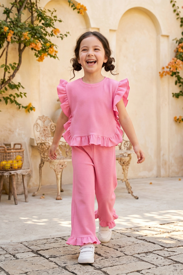 Girls' Frilled Waffle Summer Two-Piece Set