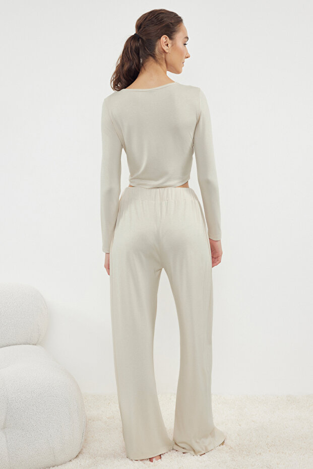 Taş Alt Wide Leg Viskon Örme Pijama Takımı TWOAW21AU0034 - 5