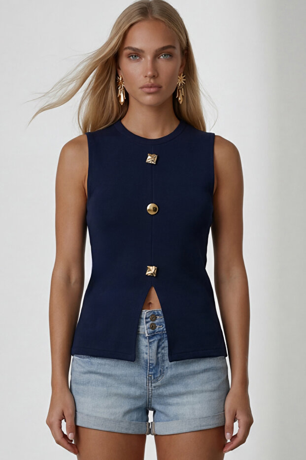 Women's Navy Blue Crew Neck Gold Buttoned Ottoban Blouse Alc-X13729