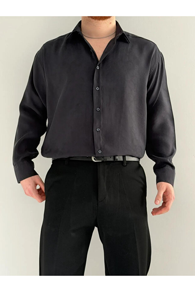 Siyah Modal Yumuşak Dokulu Normal Kalıp/Regular Fit Yazlık Dokuma Erkek Gömlek TMNSS26GO00040 - 2