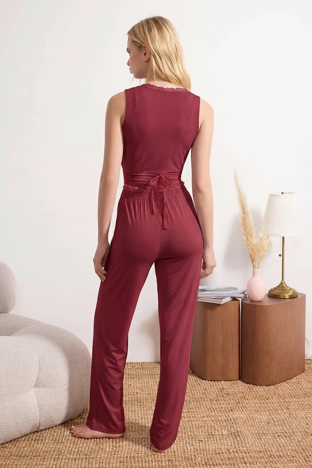 Bordo Kruvaze Dantel Detaylı Viskon Örme Pijama Takımı THMSS26PT00061 - 4
