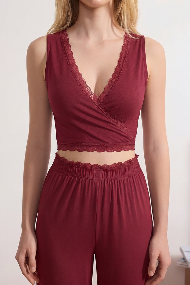 Bordo Kruvaze Dantel Detaylı Viskon Örme Pijama Takımı THMSS26PT00061 - 3