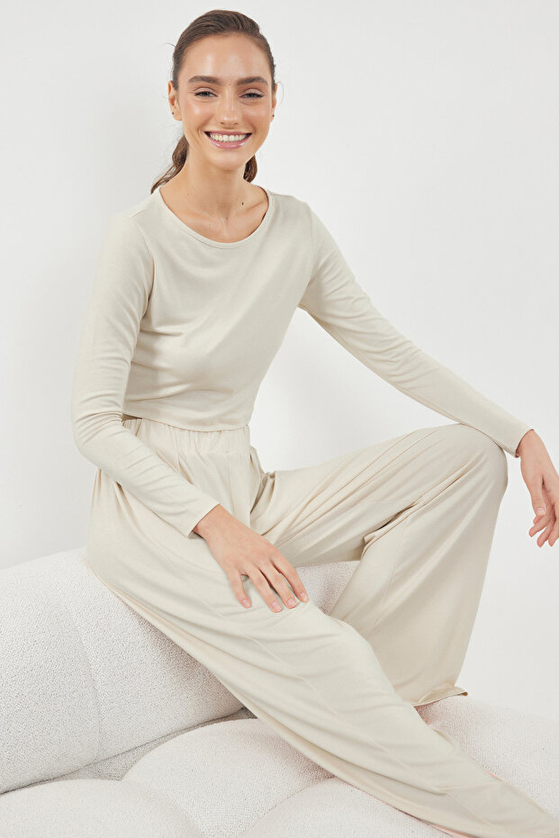 Taş Alt Wide Leg Viskon Örme Pijama Takımı TWOAW21AU0034 - 2