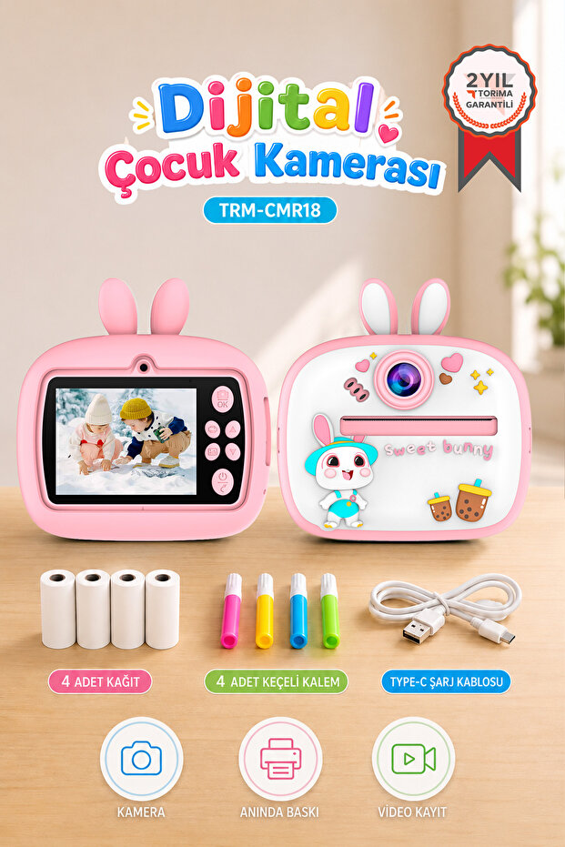Torima Dijital Fotoğraf Makinesi Çocuk Termal Resim Kağıt Baskılı Yazıcı Kamera Video Makinesi CMR18 Pembe