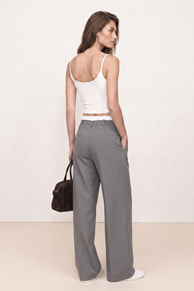 Gri Bel Detaylı Wideleg Pantolon TWOSS26PL00227 - 3