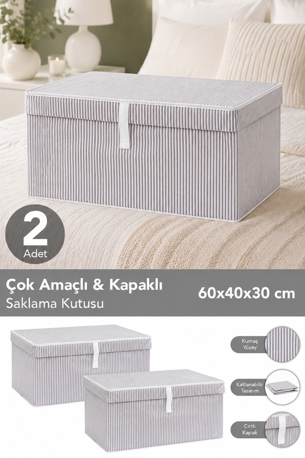 Meleni Home 2'li Set Kapaklı Çok Amaçlı Hurç Saklama Kutusu Organizer Mega 60 X 40 X 30 Cm Gri