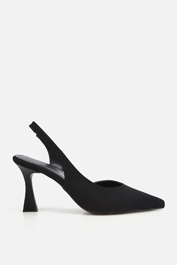 Women's black pointed toe open back mid heel shoe