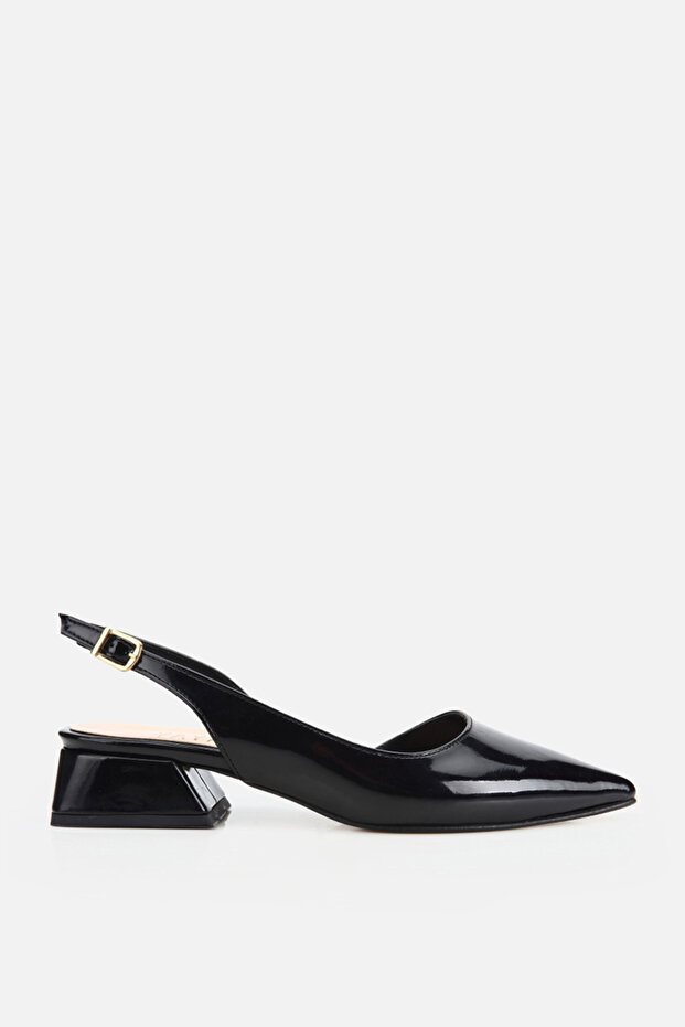 Women's Black Patent Leather Pointed Toe Open Back Low Heel Shoes