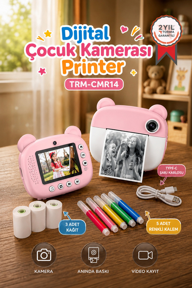 Torima Dijital Fotoğraf Makinesi Çocuk Termal Resim Kağıt Baskılı Yazıcı Kamera Makinesi CMR14 Pembe