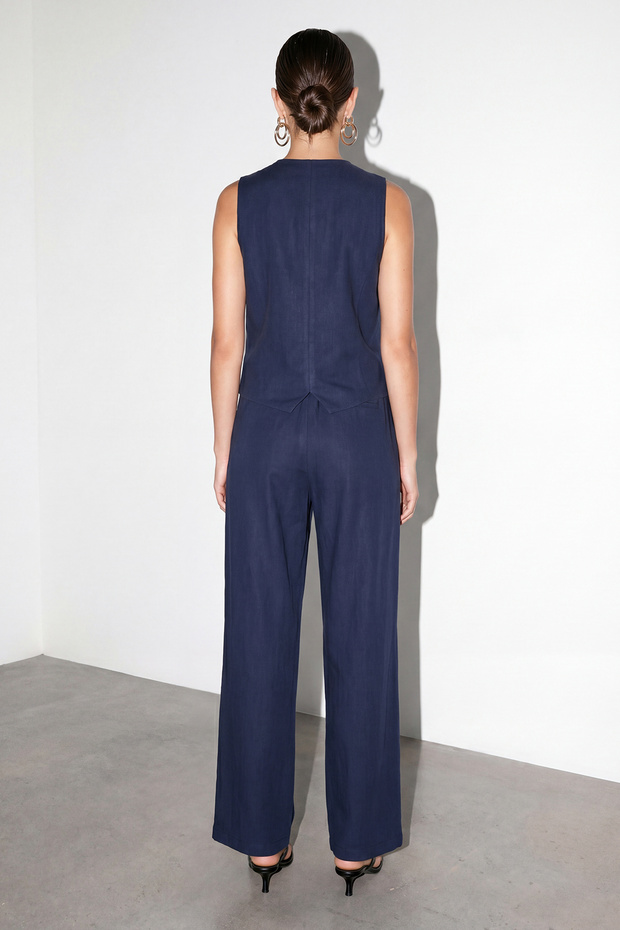 Lacivert Yelekli Keten Karışımlı Tencel Takım TDRSS26AU00009 - 5