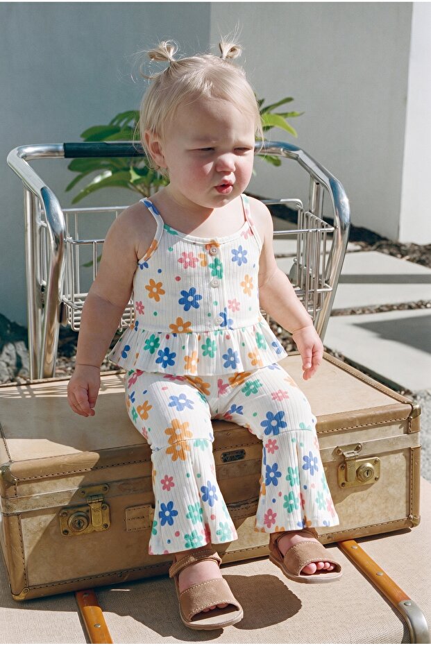 Girl's Cotton Floral Patterned Strappy Blouse and Spanish Flared Leggings Set