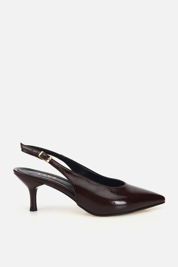 Women's Brown Pointed Toe Wrinkled Patent Leather Open Back Mid Heel Shoes