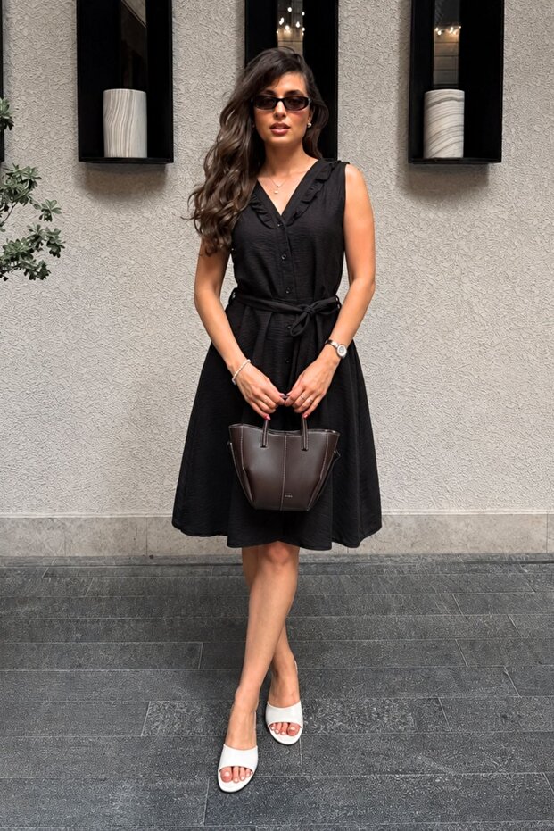 Women's Black V-Neck Collar Ruffled Front Buttoned Belted Waist Midi Length Dress Arm-26Y001089