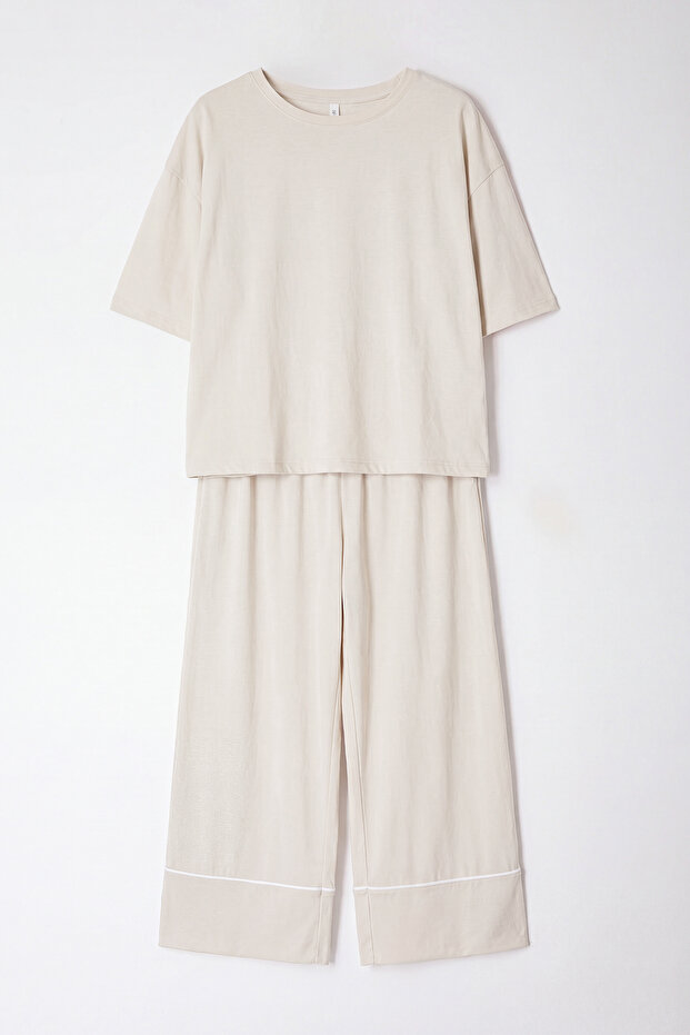 Gri Baskılı Wide Leg Crop Boy Örme Pijama Takımı TBBAW23AI00040 - 3