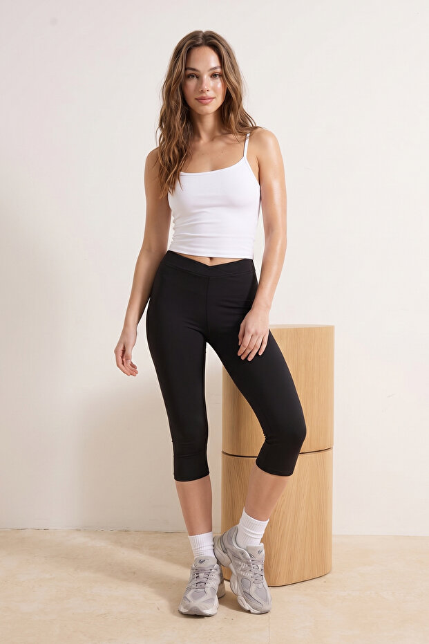 Siyah Kapri Boy Fırçalı Soft Kumaş Kruvaze Bel Örme Spor Tayt THMSS26TY00004 - 2