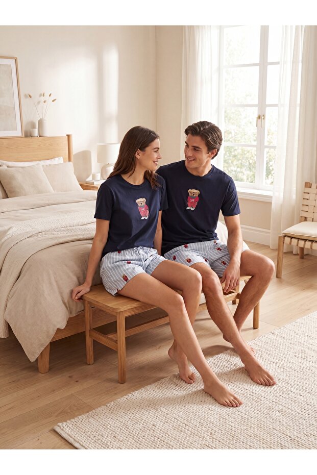 Unisex Mavi Regular Fit Ayıcık Baskılı Örme Şortlu Pijama Takımı TMNSS24PT00034 - 2