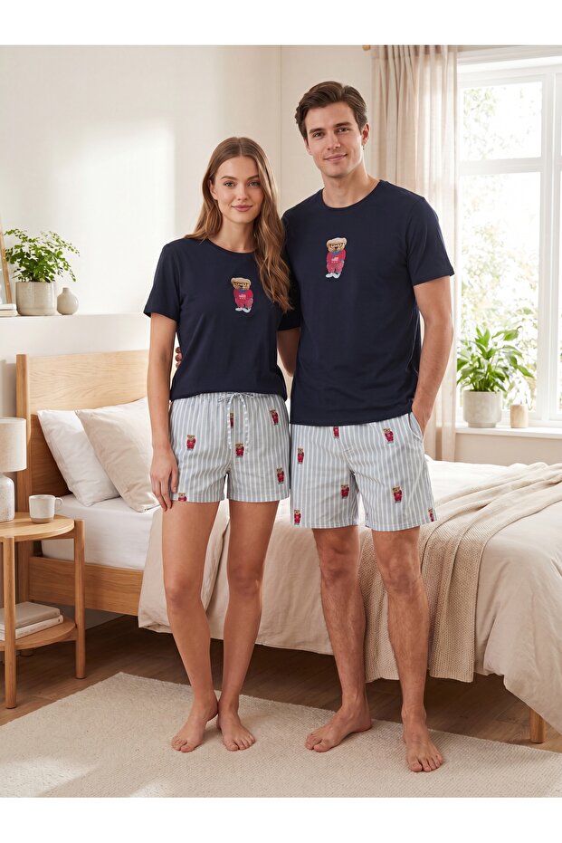 Unisex Mavi Regular Fit Ayıcık Baskılı Örme Şortlu Pijama Takımı TMNSS24PT00034 - 1
