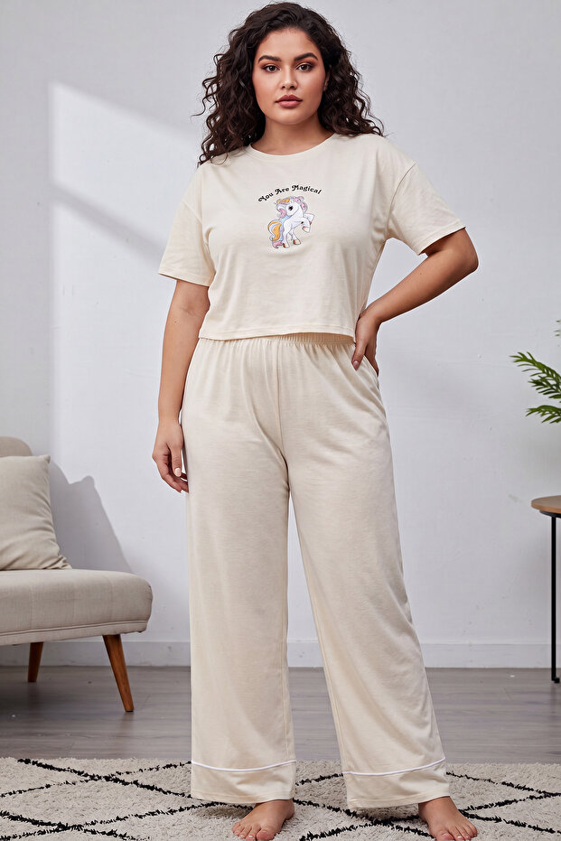 Gri Baskılı Wide Leg Crop Boy Örme Pijama Takımı TBBAW23AI00040 - 1