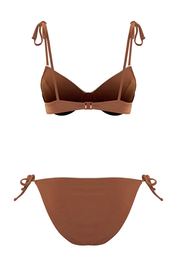 Kahverengi Renk Bloklu Biyeli Balconette Kaplı Brazilian Düşük Bel Bikini Takımı TBESS25BT00073 - 7