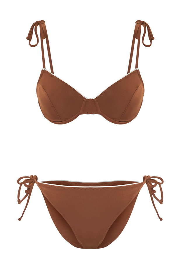Kahverengi Renk Bloklu Biyeli Balconette Kaplı Brazilian Düşük Bel Bikini Takımı TBESS25BT00073 - 6