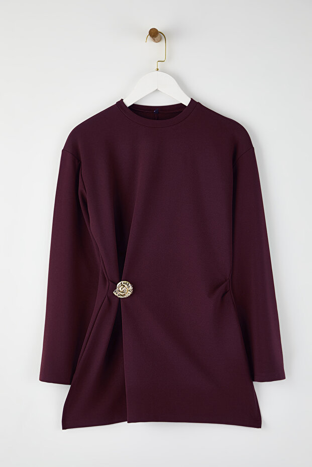 Bordo Yumuşak Kumaş Toka Detaylı Örme Tunik TCTAW26UK00000 - 5